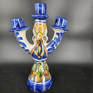 Vintage T. Ruth Talavera Pottery Candelabra 3 Arm Hand Painted Mexican Folk Art